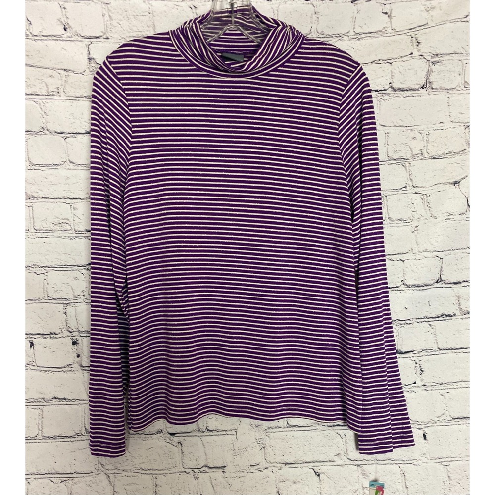 NWT‎ Covington Large Purple White Y2K Striped Sparkle Turtleneck Long Sleeve